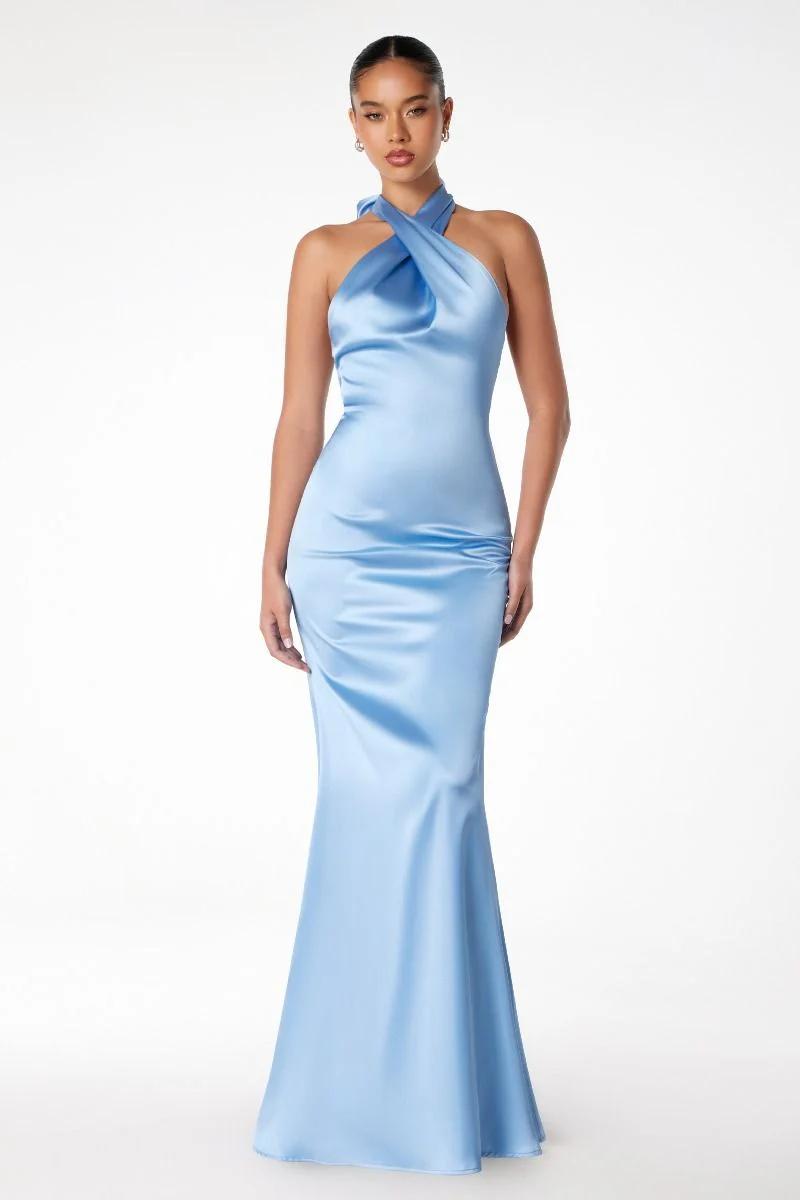 Vestido de Satín Azul Claro